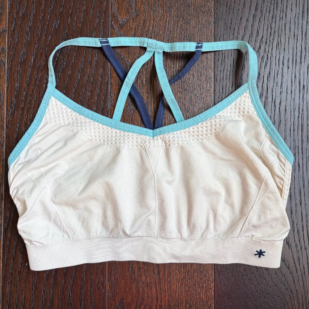Splendid Studio Yoga Sports Bra (Ivory with Blue Trim) - Size Large